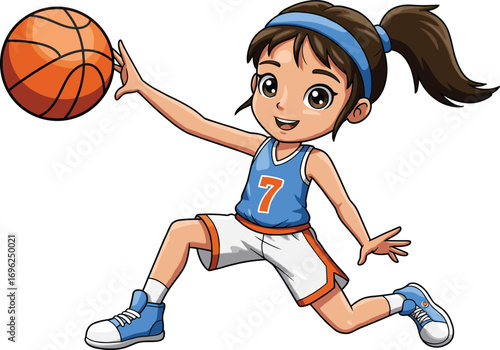 Cute cartoon girl playing basketball, dribbling ball in blue jersey, energetic pose, youth sports character, isolated on white background.