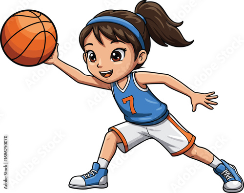 Cute cartoon girl playing basketball, dribbling ball in blue jersey, energetic pose, youth sports character, isolated on white background.