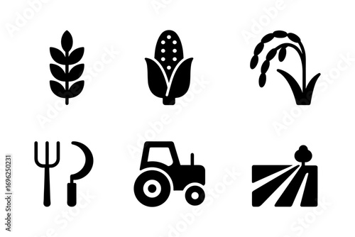 Agriculture icons set: corn, wheat, rice, and farming tools in silhouette style
