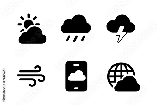 Minimalist weather icons set featuring clouds, sun, and storm elements