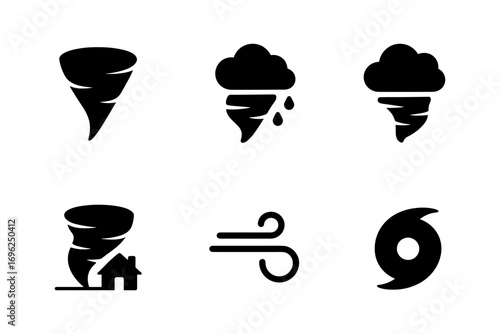 Weather icons: tornado, storm, wind, hurricane symbols in silhouette style