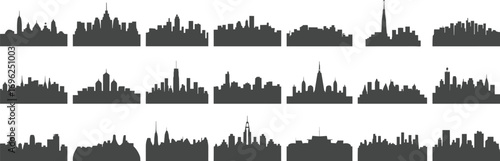 City skyline silhouettes, urban landscape vector, modern cityscape icons, building outlines, metropolitan skyline, architecture silhouettes, city horizon illustrations