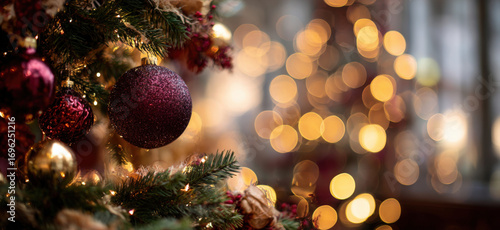 A Christmas tree adorned with burgundy ornaments stands in the foreground, with blurred lights in the background