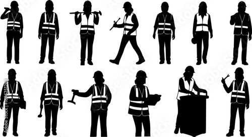 Female Construction Workers Set – Hand-Drawn Women in Helmets and Safety Vests, Full Length Vector Illustration Isolated on White