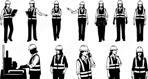 Female Construction Workers Set – Hand-Drawn Women in Helmets and Safety Vests, Full Length Vector Illustration Isolated on White