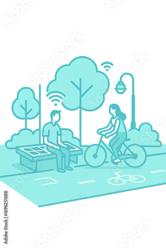 Futuristic neon city park with cyclist and smart technology elements in outline style