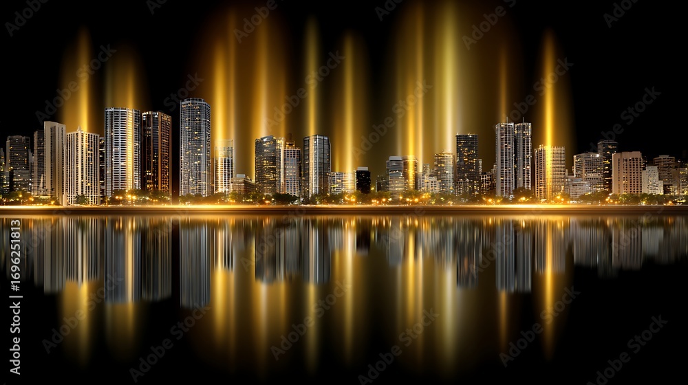 Naklejka premium City Skyline at Night with Reflections and Colorful Light Displays over Water