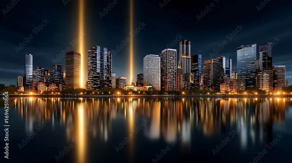 Obraz premium Nighttime Cityscape with Reflections and Light Beams Over Water in Urban Environment