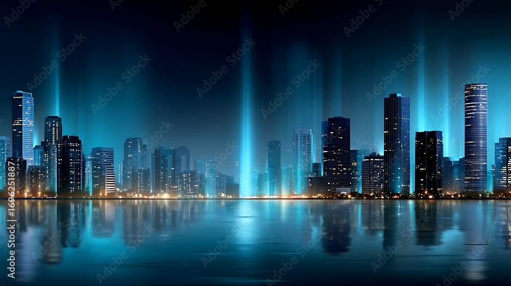 Fototapeta premium Majestic City Skyline at Night with Illuminated Skyscrapers and Reflective Water Surface