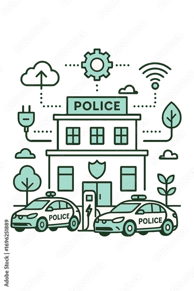 Fototapeta premium Eco-friendly police station with electric cars in futuristic line art design