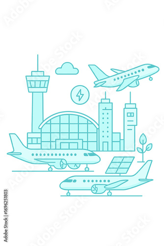 Futuristic neon airport scene with airplanes and control tower in glow effect