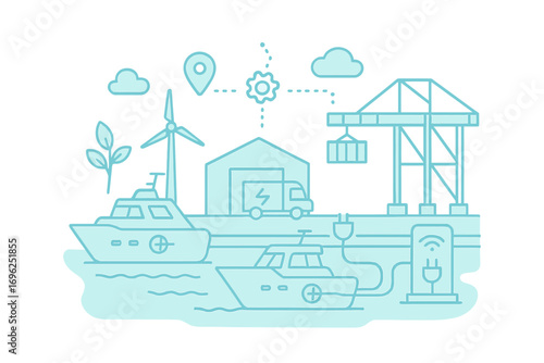 Futuristic marine transport and renewable energy concept with neon linear art