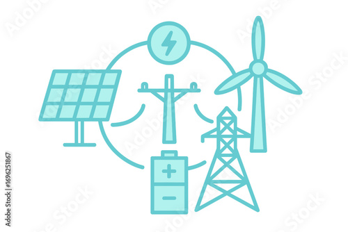 Eco friendly energy: renewable power infographic with solar, wind, and battery elements