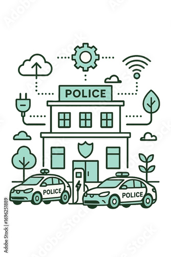 Eco-friendly police station with electric cars in futuristic line art design