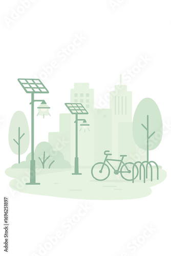 Glowing urban landscape with solar streetlights and bicycle in green cityscape