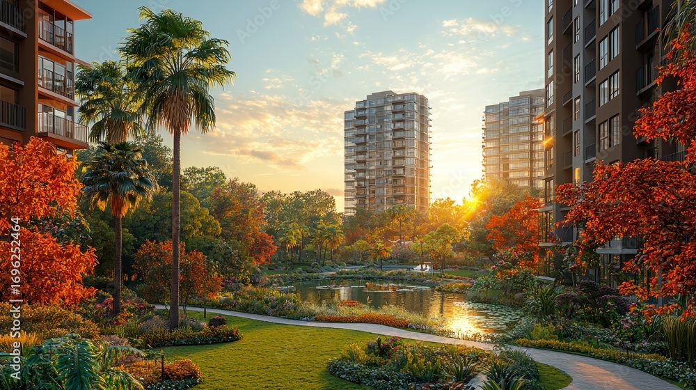 Obraz premium Serene autumnal sunset view of apartment buildings nestled within a lush, landscaped park with a pond