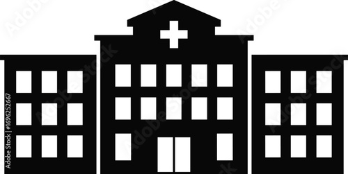 Hospital building icon vector, medical facility silhouette, healthcare center graphic, emergency hospital structure, simple medical design, black illustration