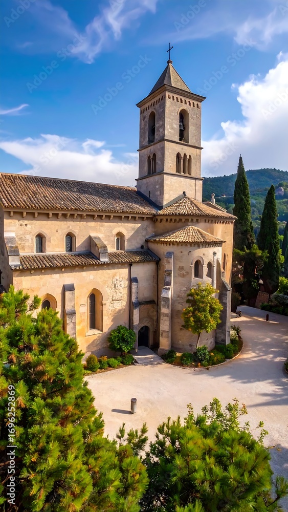 Fototapeta premium A serene, sun-drenched view of a historic church, nestled amidst lush greenery, showcases the beauty of a tranquil courtyard.