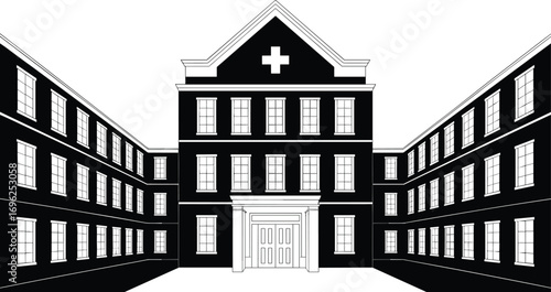 Large hospital building vector, medical center front view, healthcare architecture design, modern hospital structure, black and white illustration, cross icon