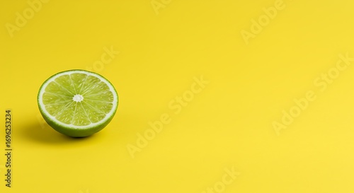 A lime fruit cut in half against a yellow background.