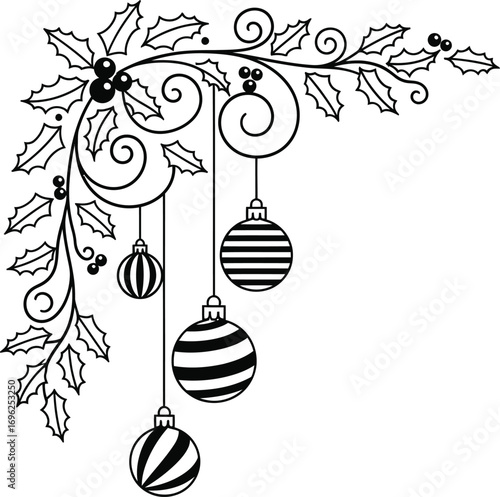 Christmas Holly Corner Swirls with Baubles Elegant Line Art Transparent