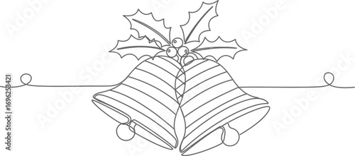 Continuous Line Drawing Christmas Bells with Holly Berries and Leaves Decoration