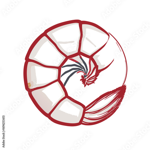 Stylized red and white shrimp illustration curled into a circular spiral shape with a segmented body and brushstroke tail.