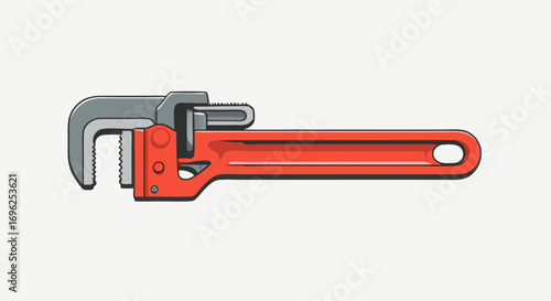 Stylized red pipe wrench with adjustable grey serrated jaws a flat vector illustration.