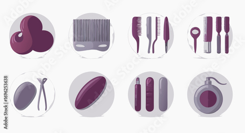 Stylized vector icon set of hairdressing and cosmetic tools in a modern purple and grey color palette.