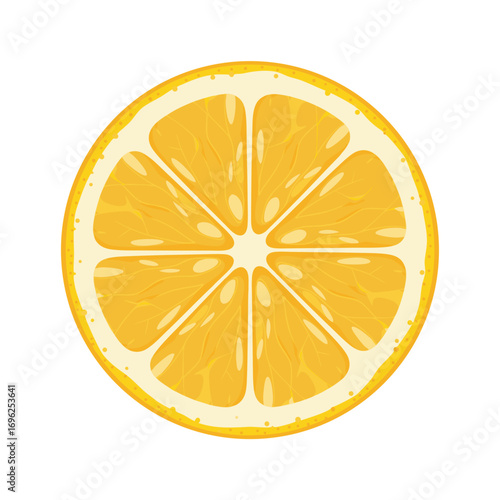 Stylized vector illustration of a round yellow lemon slice with juicy pulp and textured rind.
