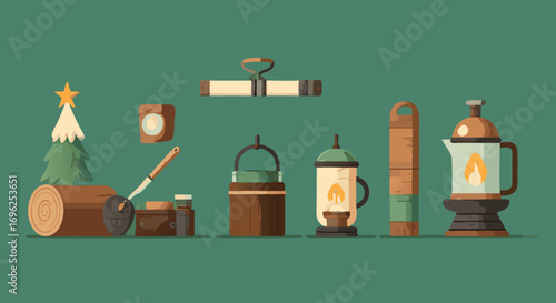 Stylized vector set of rustic camping gear and winter holiday items including lanterns a log and a Christmas tree.