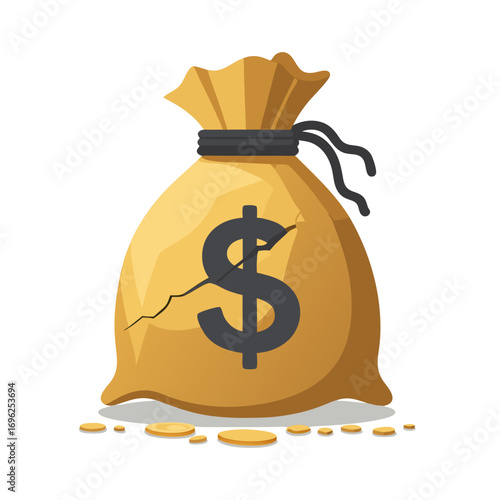 Torn yellow money bag with a large black dollar sign and scattered gold coins.
