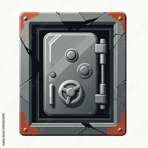Weathered and cracked grey metal safe with rusty corners and a combination lock stylized illustration.