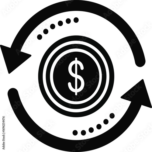 A bold, black silhouette illustration of a dollar sign enclosed within a circular arrow design. The arrows indicate a cycle or process of exchange, symbolizing finance, money flow, or investment. This