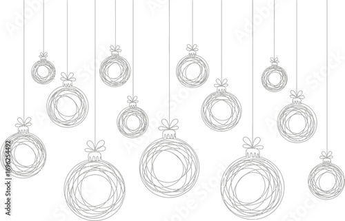 Hanging Gray Christmas Balls Ornaments Line Art Design On White Background