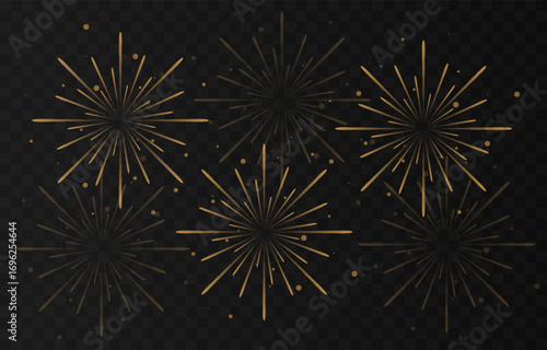 Vector golden fireworks png. Simple fireworks with sparks on transparent background. Christmas holiday background.