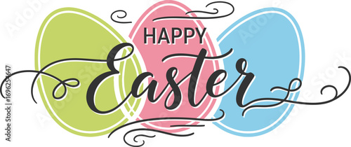 Happy Easter Text with Green, Pink, and Blue Eggs on a White Background Design