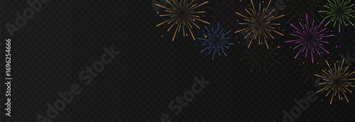Vector colorful fireworks png. Simple fireworks with sparks on transparent background. Christmas holiday background.