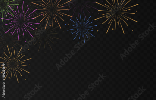 Vector colorful fireworks png. Simple fireworks with sparks on transparent background. Christmas holiday background.