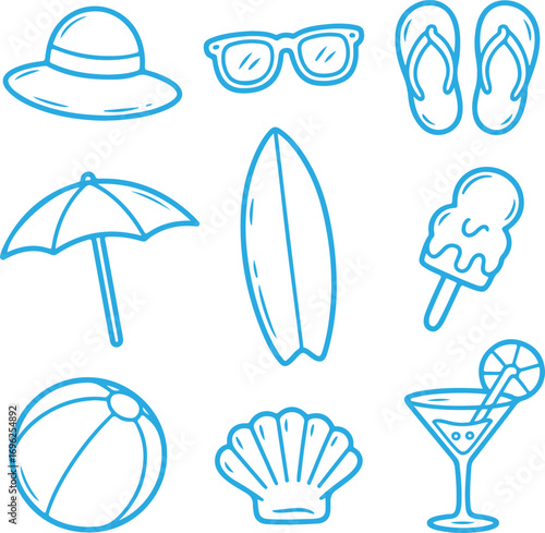 Summer Essentials Beach Hat, Sunglasses, and Refreshing Drinks - A Vacation Icon Set