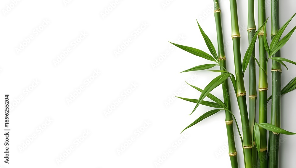 Obraz premium Close up of vibrant green bamboo stalks and leaves with a clean white background evoking tranquility and natural beauty for wellness and spa themes