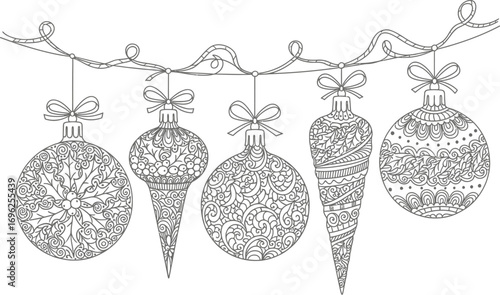 Line Art Christmas Ornaments with Intricate Patterns Hanging from Ribbon String