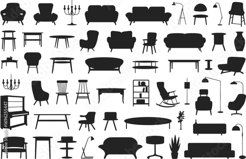 Silhouette furniture collection, chairs, sofas, tables, lamps, bookshelves, chandeliers, interior decor, modern design, home elements, vector icons, black shapes