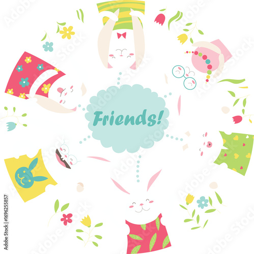 Illustration of cartoon funny rabbits. Vector illustration