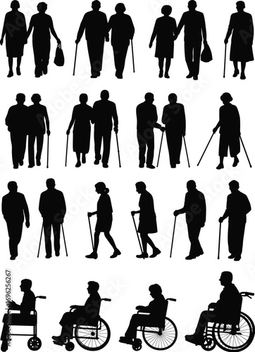 Silhouettes of elderly people, seniors with walking sticks, elderly with wheelchairs, aged men and women, disability support, health care, mobility assistance, aging, isolated vector illustration.