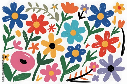 Colorful floral pattern with hand drawn style flowers and leaves on a white background design art 96