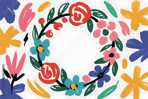 Floral wreath with abstract brushstrokes and vibrant colors creating a playful design