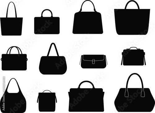 Set of black handbags icons, different purse shapes, tote bags, clutch bags, shoulder bags, briefcases, fashion accessories, leather bags, stylish, vector illustration, editable design, isolated.