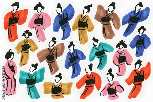 Colorful japanese kimono pattern illustration with simple brush strokes and minimalist design style