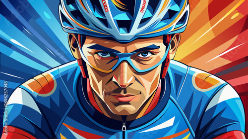 Close-up portrait of male cyclist wearing helmet and gloves. Isolated background highlights endurance, speed, and strength.